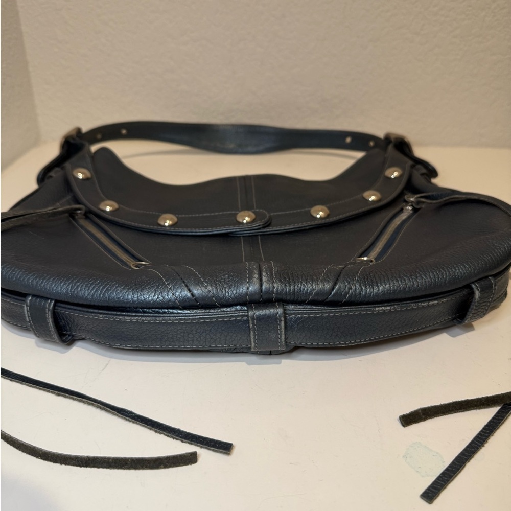 Botkier TRIGGER Mermaid Blue Moto Leather Hobo Shoulder Bag Studded Fringe - Picture 6 of 15